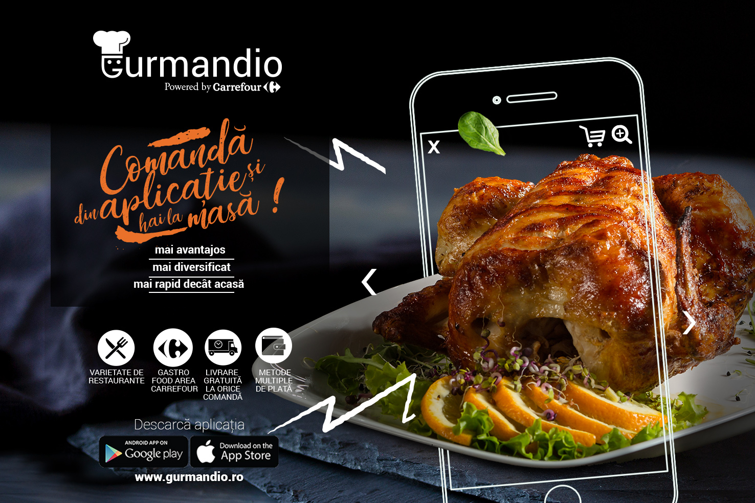 Carrefour lansează Gurmandio, prima aplicație pentru comenzi de mâncare dezvoltată de un retailer în România Carrefour lansează Gurmandio, prima aplicație pentru comenzi de mâncare dezvoltată de un retailer în România