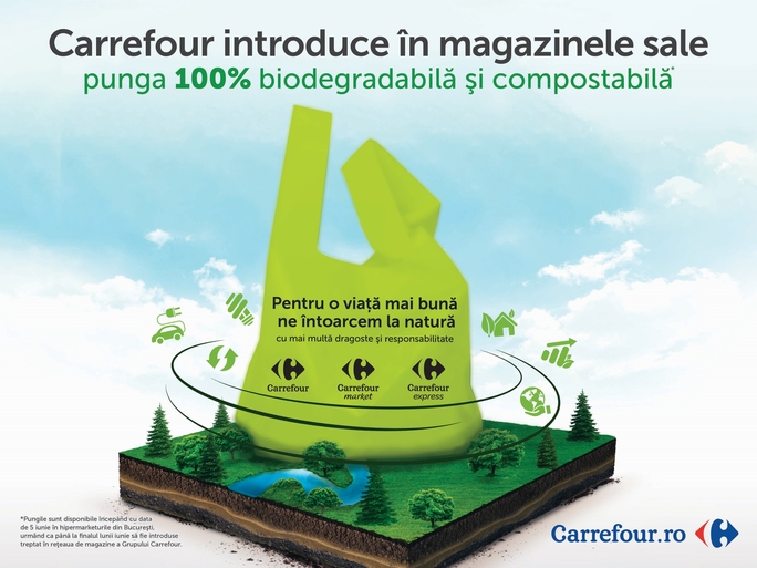 Carrefour este primul retailer din România care introduce la nivel național pungi 100% biodegradabile Carrefour este primul retailer din România care introduce la nivel național pungi 100% biodegradabile