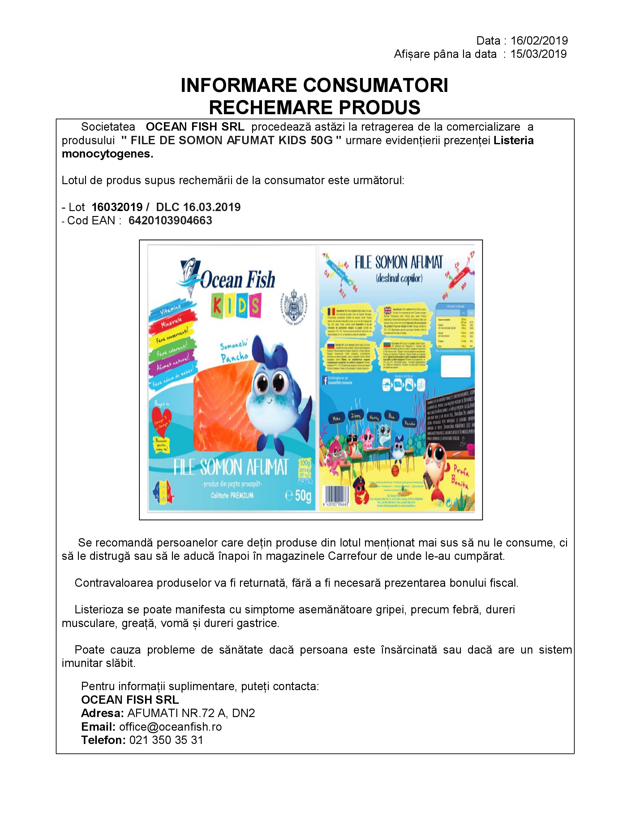 Informare consumatori Rechemare Produs Informare consumatori Rechemare Produs