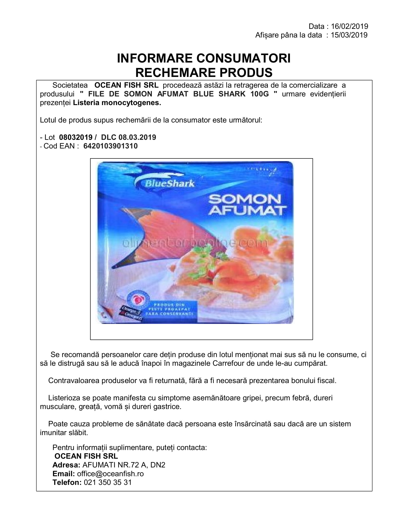 Informare consumatori Rechemare Produs Informare consumatori Rechemare Produs