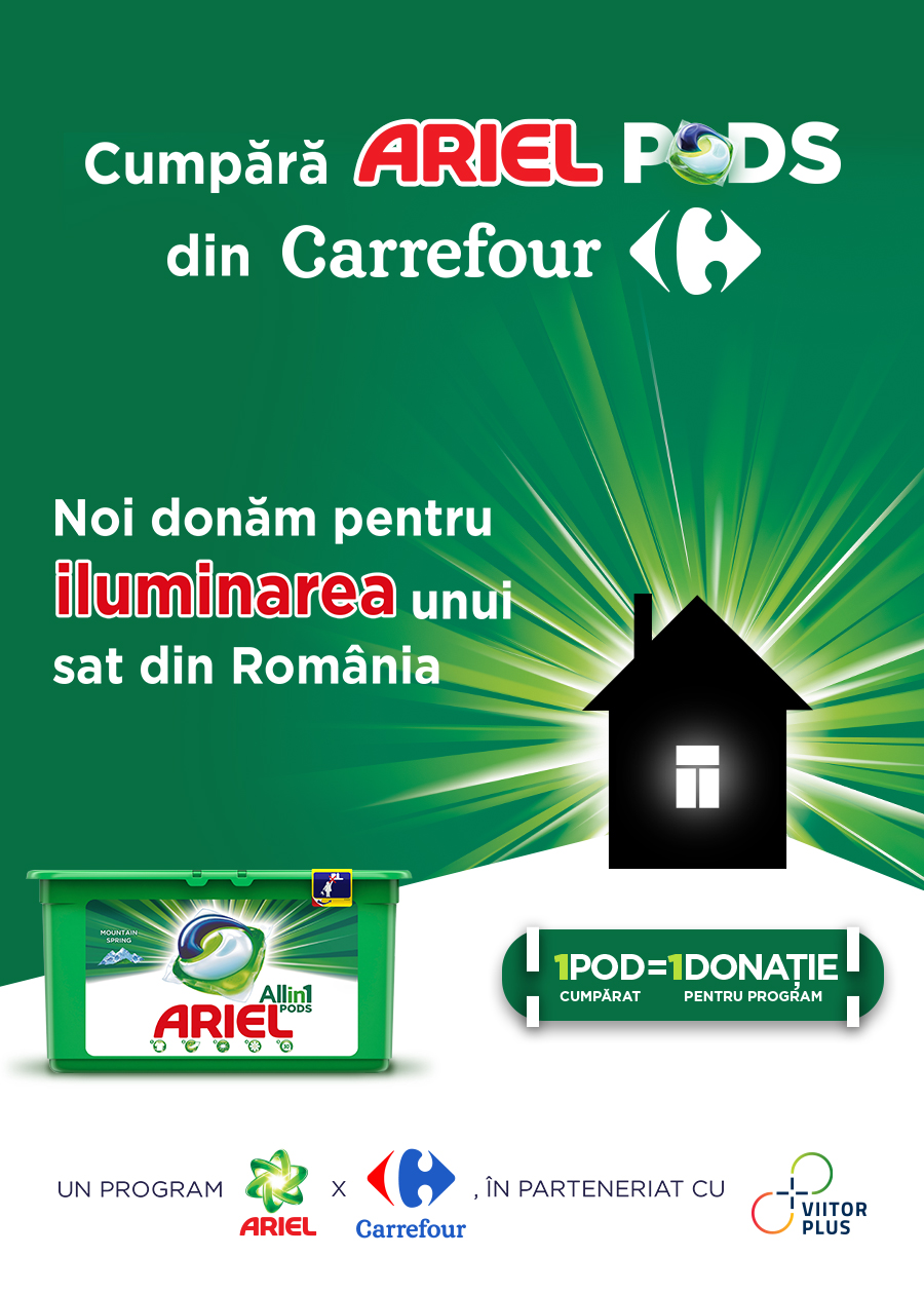 POD cu POD luminezi o casă - o campanie Ariel și Carrefour, în parteneriat cu ViitorPlus