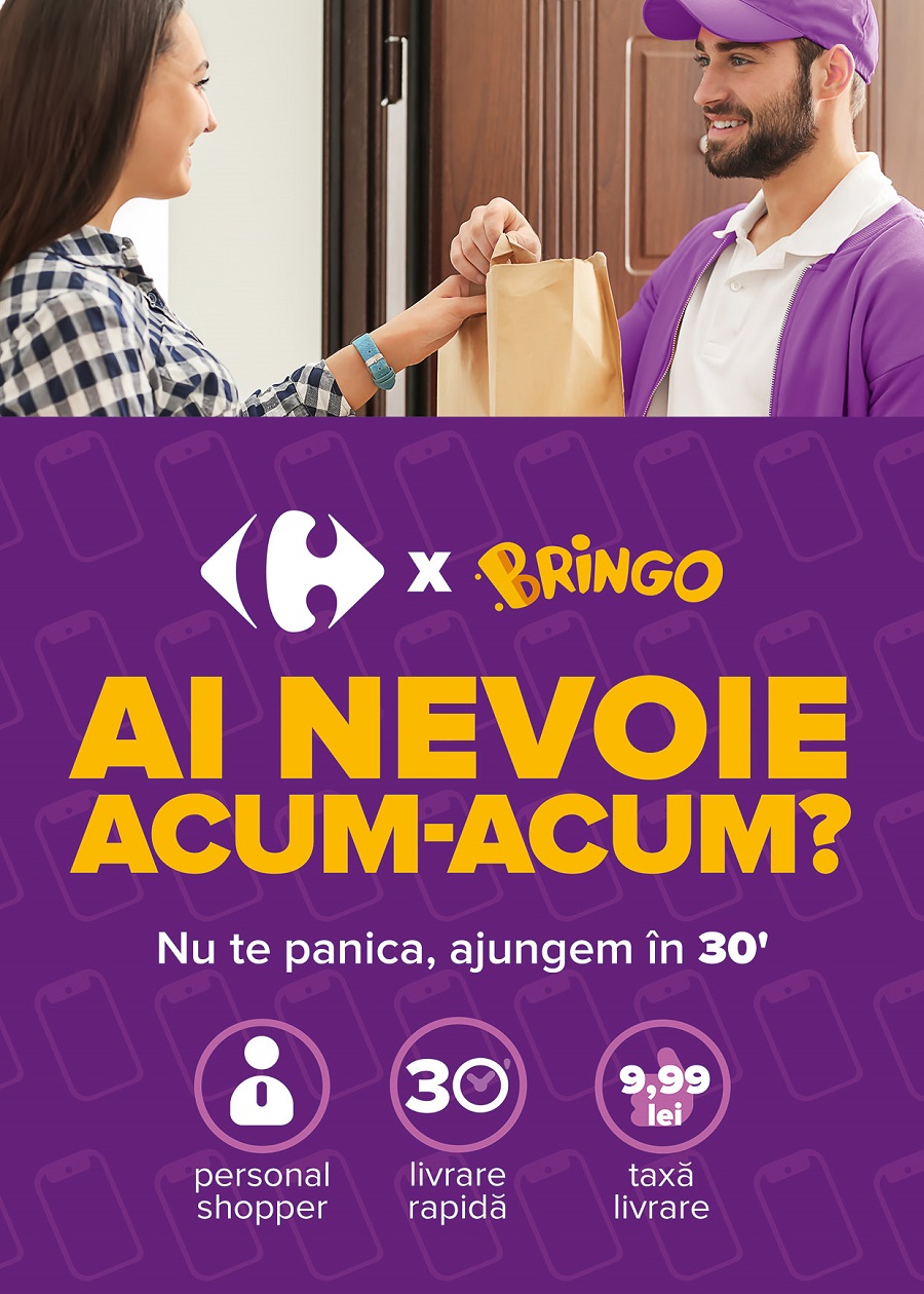 Carrefour și Bringo lansează serviciul de livrare rapidă în 30 de minute în București și Iași. Mangalia, Craiova și Reșița, adăugate pe harta Bringo
