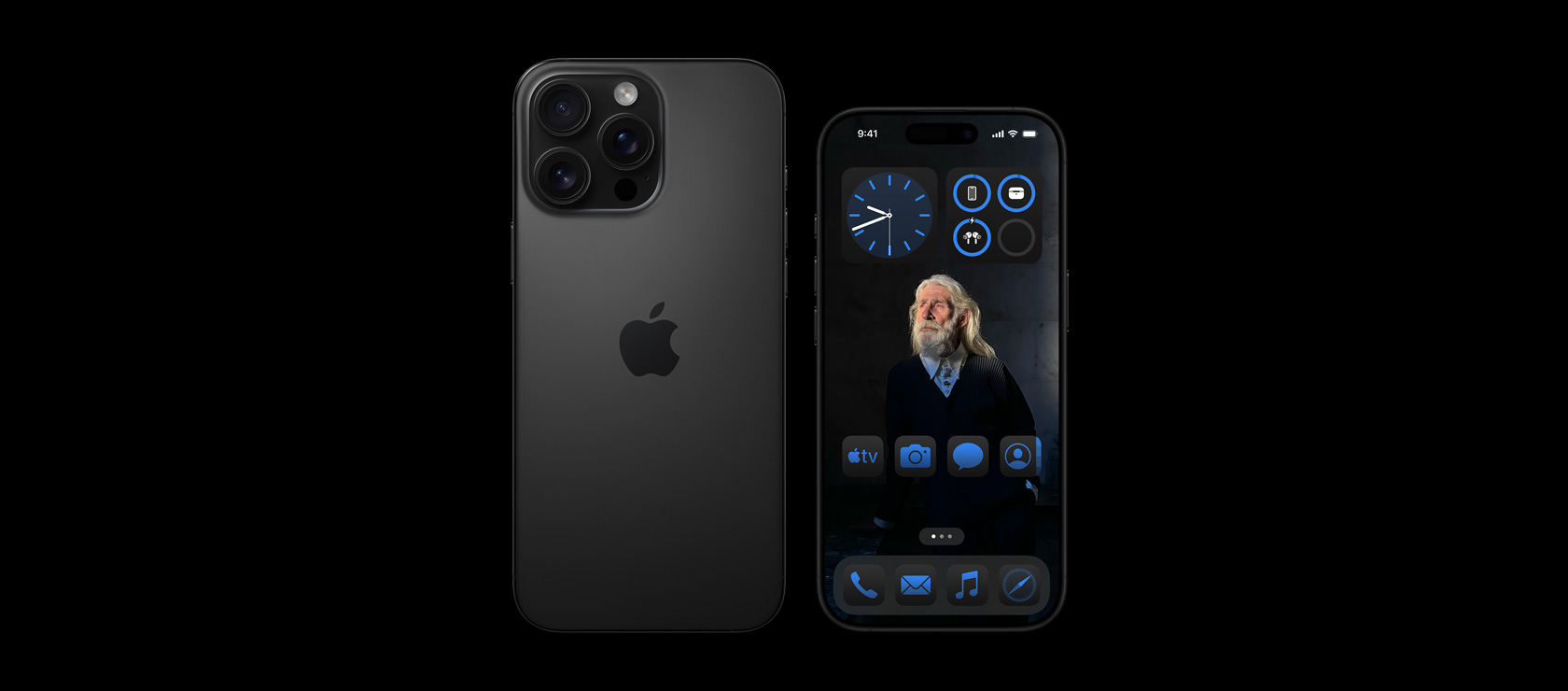 Vedere frontala a unui iPhone 16 Pro Max de 6,9 inchi si vedere posterioara a unui iPhone 16 Pro de 6,3 inchi pe Titan negru