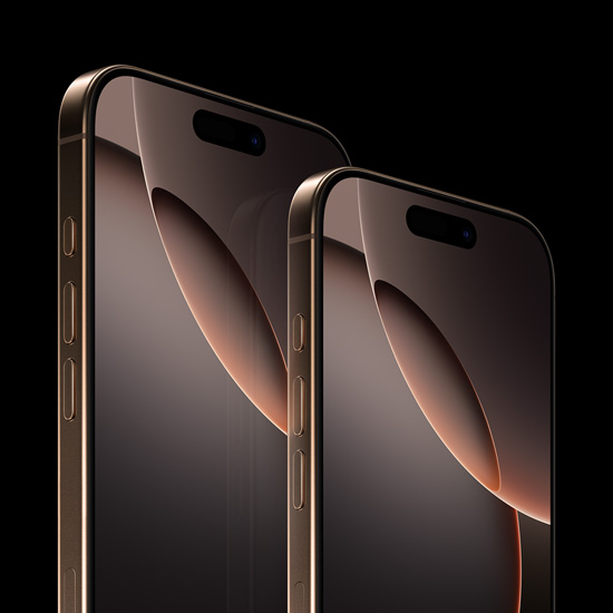 iPhone 16 Pro Max de 6,9 inchi si iPhone 16 Pro de 6,3 inchi, exterior frontal, buton Actiune, butoane volum, Dynamic Island centrat langa partea superioara