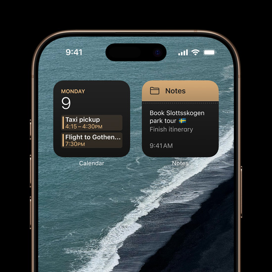 Un iPhone 16 Pro personalizat cu Calendar si Notite pop-up in partea de sus a ecranului de pornire