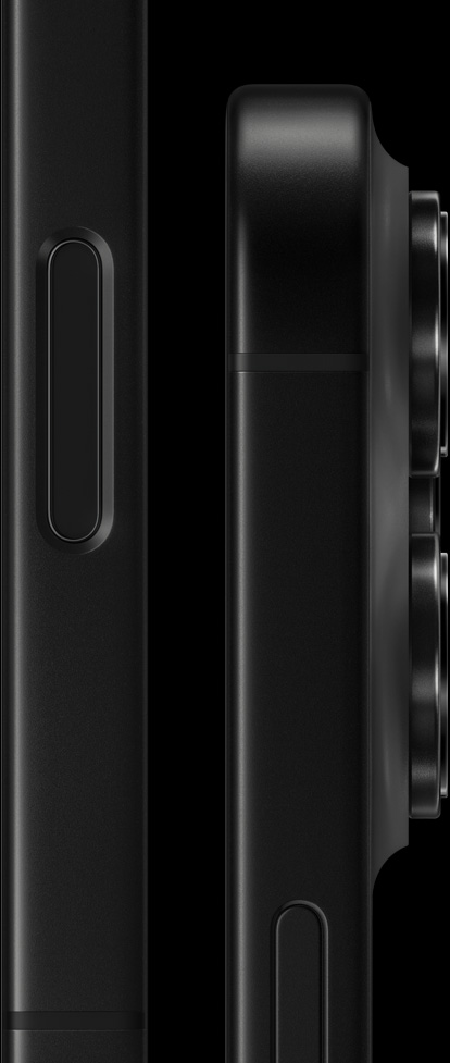 iPhone 16 Pro, exterior lateral, culoare Titan negru, buton Comenzi camera, sistem proeminent de camere Pro