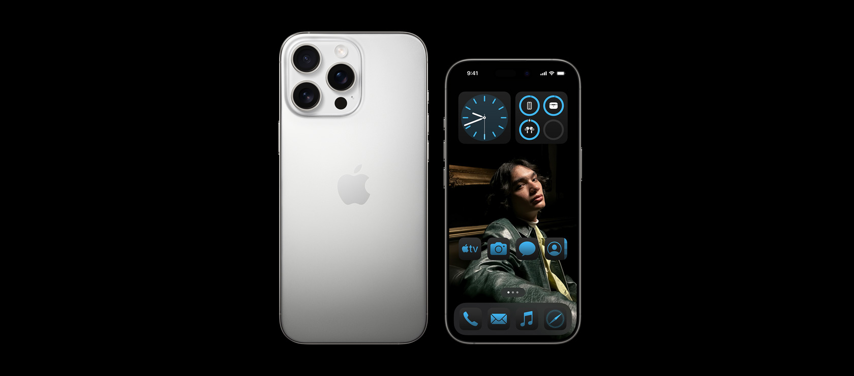 Vedere frontala a unui iPhone 16 Pro Max de 6,9 inchi si vedere posterioara a unui iPhone 16 Pro de 6,3 inchi pe Titan alb